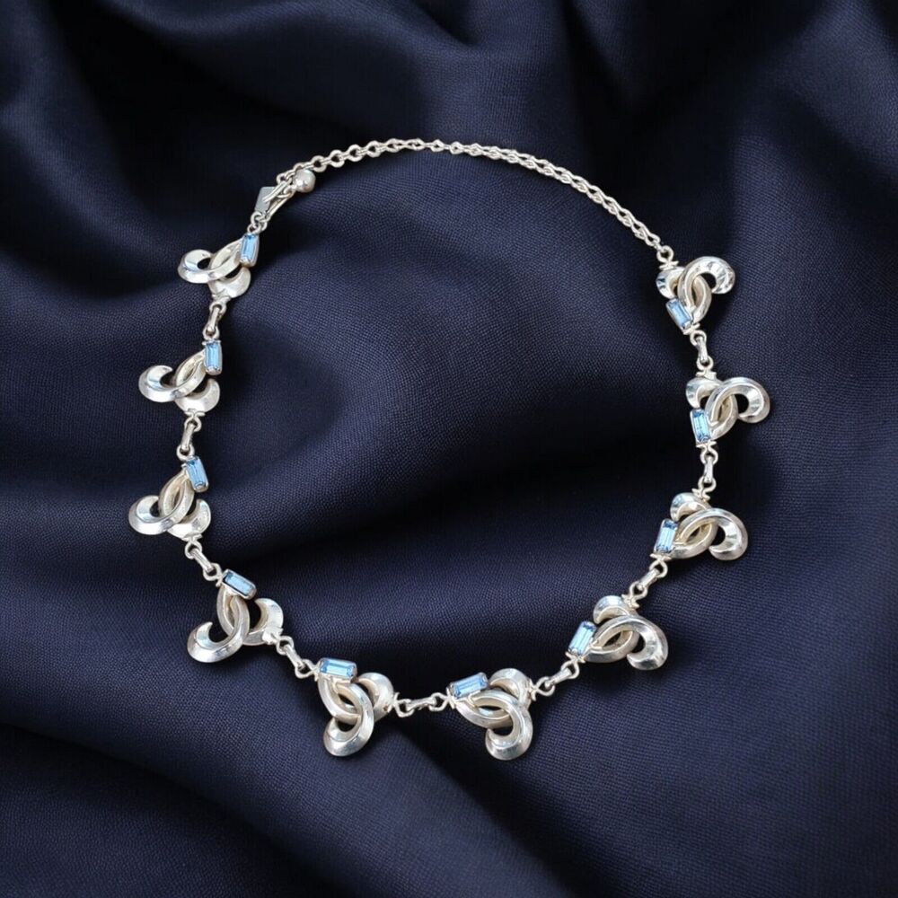 Vintage Duane Necklace Choker Gold Tone Statement Blue Rhinestone 15"